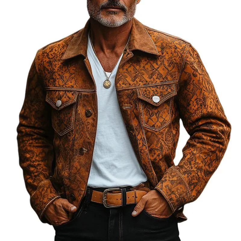 Men's Fashion Vintage Print Suede Lapel Single Breasted Casual Jacket 70148133Z sold by Manly