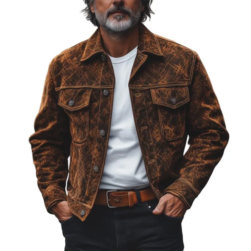 Men's Fashion Vintage Print Suede Lapel Single Breasted Casual Jacket 92311435Z sold by Manly