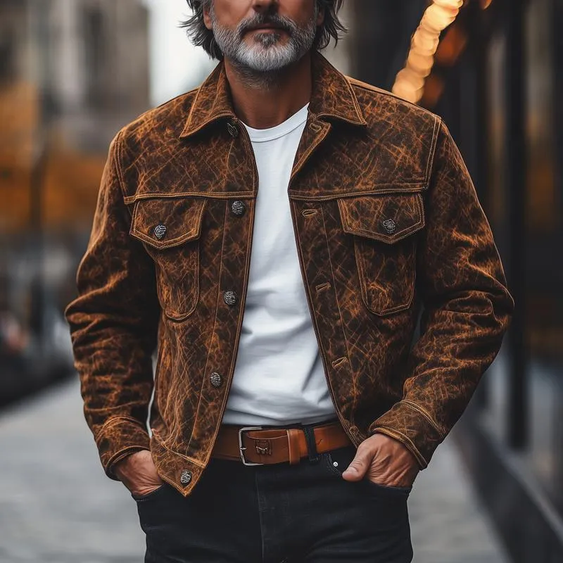 Men's Fashion Vintage Print Suede Lapel Single Breasted Casual Jacket 92311435Z sold by Manly product image thumbnail 2