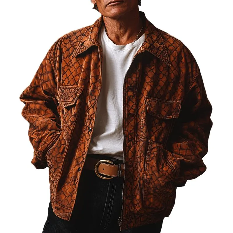 Men's Fashion Vintage Print Suede Lapel Single Breasted Casual Jacket 38557414Z sold by Manly