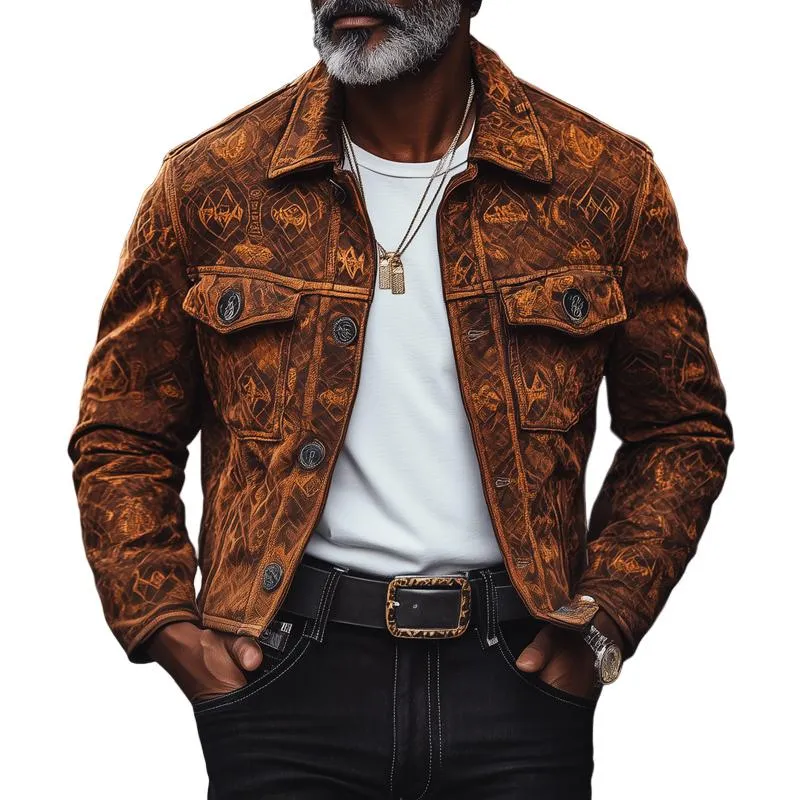 Men's Fashion Vintage Print Suede Lapel Single Breasted Casual Jacket 24271147Z sold by Manly