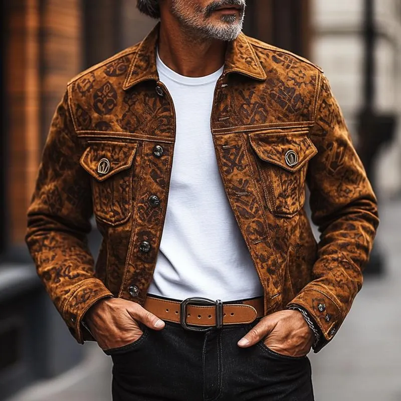 Men's Fashion Vintage Print Suede Lapel Single Breasted Casual Jacket 97598362Z sold by Manly product image thumbnail 3