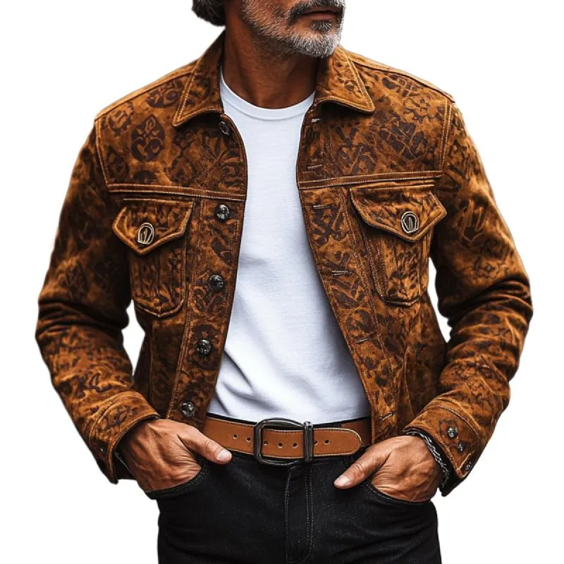 Men's Fashion Vintage Print Suede Lapel Single Breasted Casual Jacket 97598362Z sold by Manly