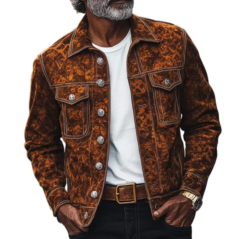 Men's Fashion Vintage Print Suede Lapel Single Breasted Casual Jacket 08438105Z sold by Manly