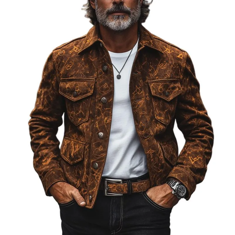 Men's Fashion Vintage Print Suede Lapel Single Breasted Casual Jacket 69776054Z sold by Manly