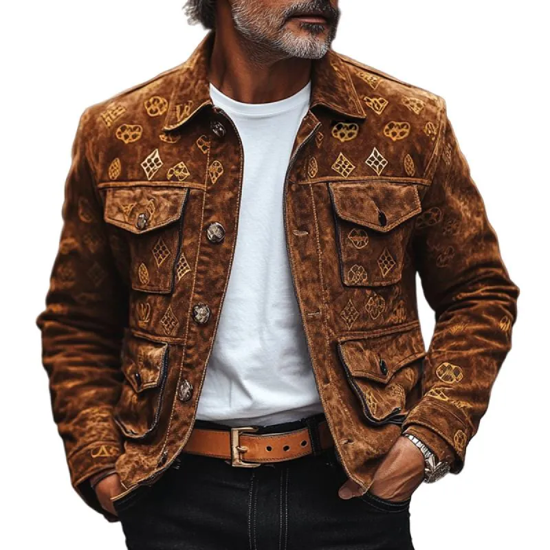 Men's Fashion Vintage Print Suede Lapel Single Breasted Casual Jacket 76370331Z sold by Manly
