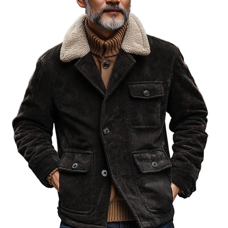 Men's Fleece Lapel Corduroy Multi-pocket Single Breasted Cargo Jacket 57915043Z sold by Manly