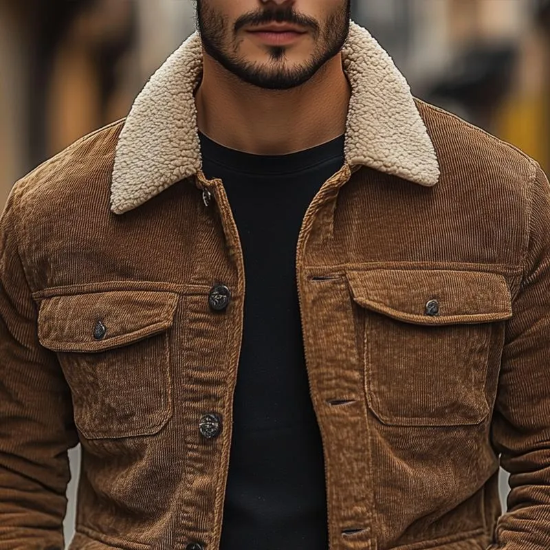 Men's Fleece Lapel Corduroy Multi-pocket Single Breasted Cargo Jacket 43143854Z sold by Manly product image thumbnail 3