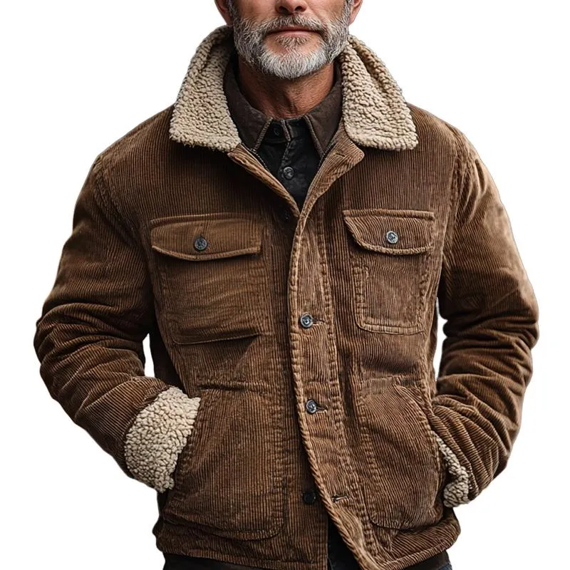 Men's Fleece Lapel Corduroy Multi-pocket Single Breasted Cargo Jacket 09550987Z sold by Manly