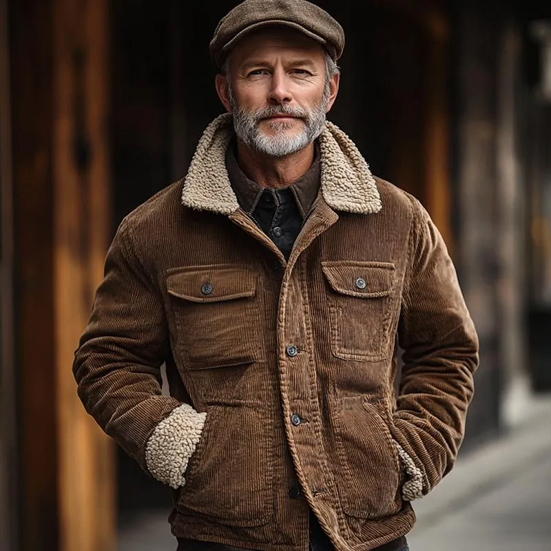 Men's Fleece Lapel Corduroy Multi-pocket Single Breasted Cargo Jacket 09550987Z sold by Manly product image thumbnail 3