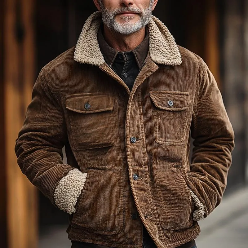 Men's Fleece Lapel Corduroy Multi-pocket Single Breasted Cargo Jacket 09550987Z sold by Manly product image thumbnail 2