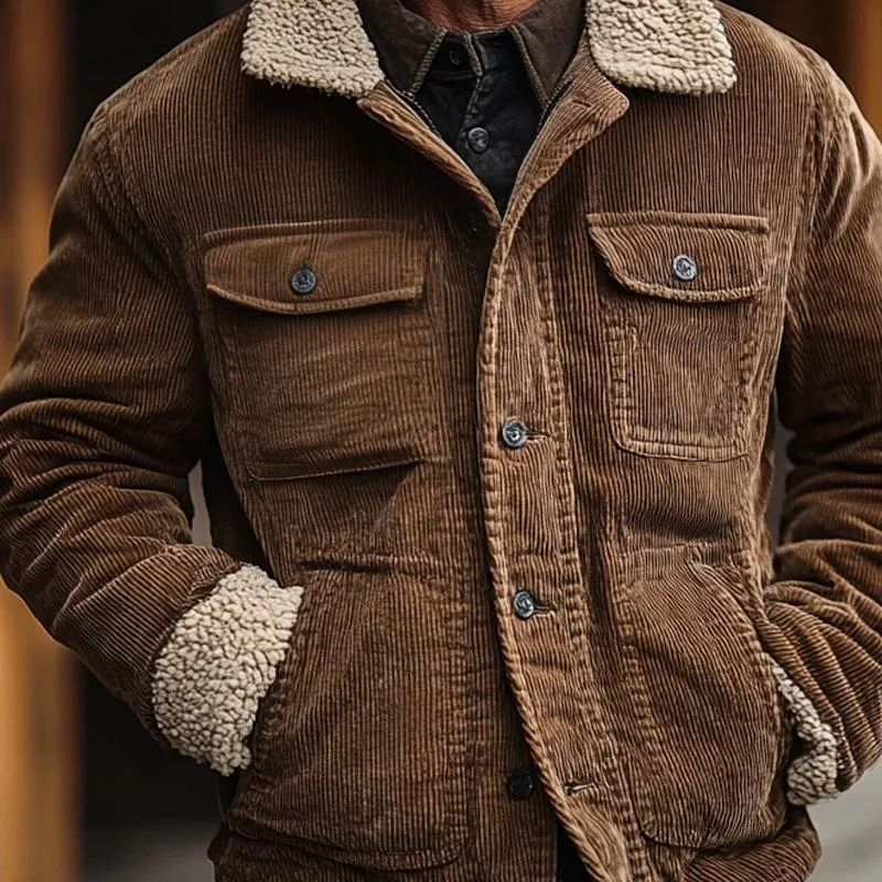 Men's Fleece Lapel Corduroy Multi-pocket Single Breasted Cargo Jacket 09550987Z sold by Manly product image thumbnail 4