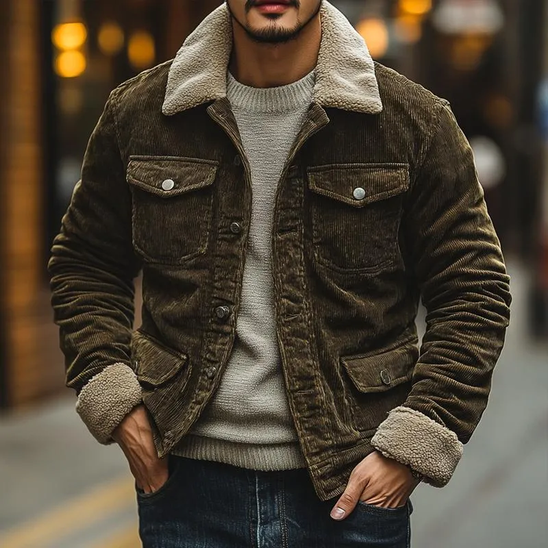 Men's Fleece Lapel Corduroy Multi-pocket Single Breasted Cargo Jacket 64733088Z sold by Manly product image thumbnail 2