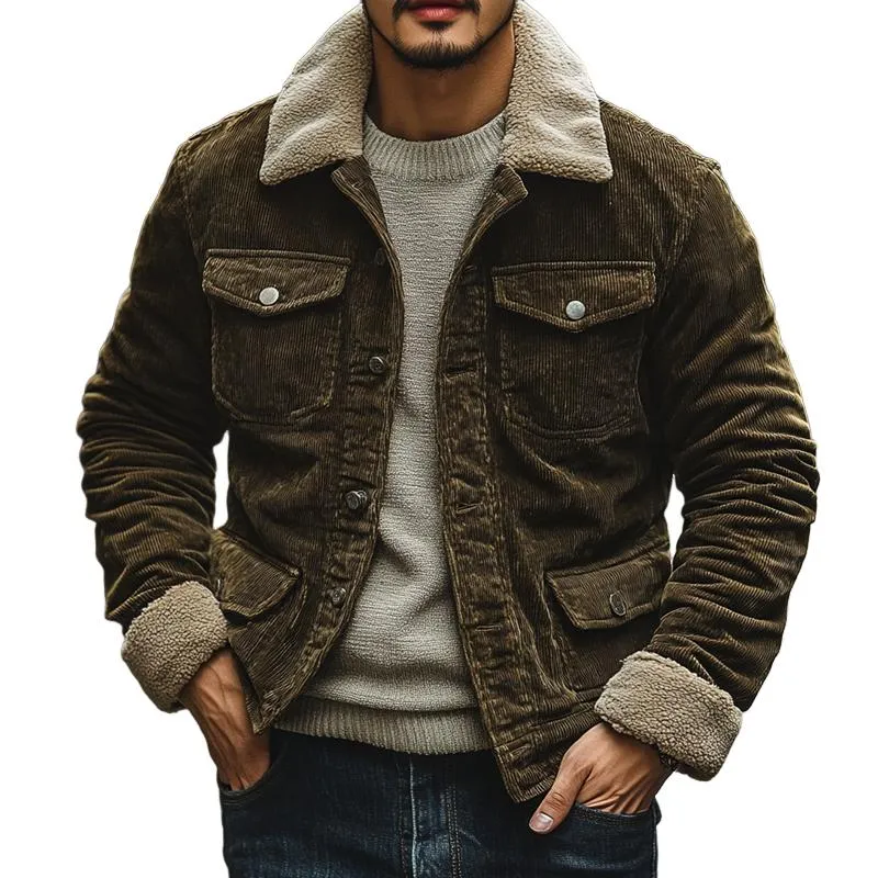 Men's Fleece Lapel Corduroy Multi-pocket Single Breasted Cargo Jacket 64733088Z sold by Manly