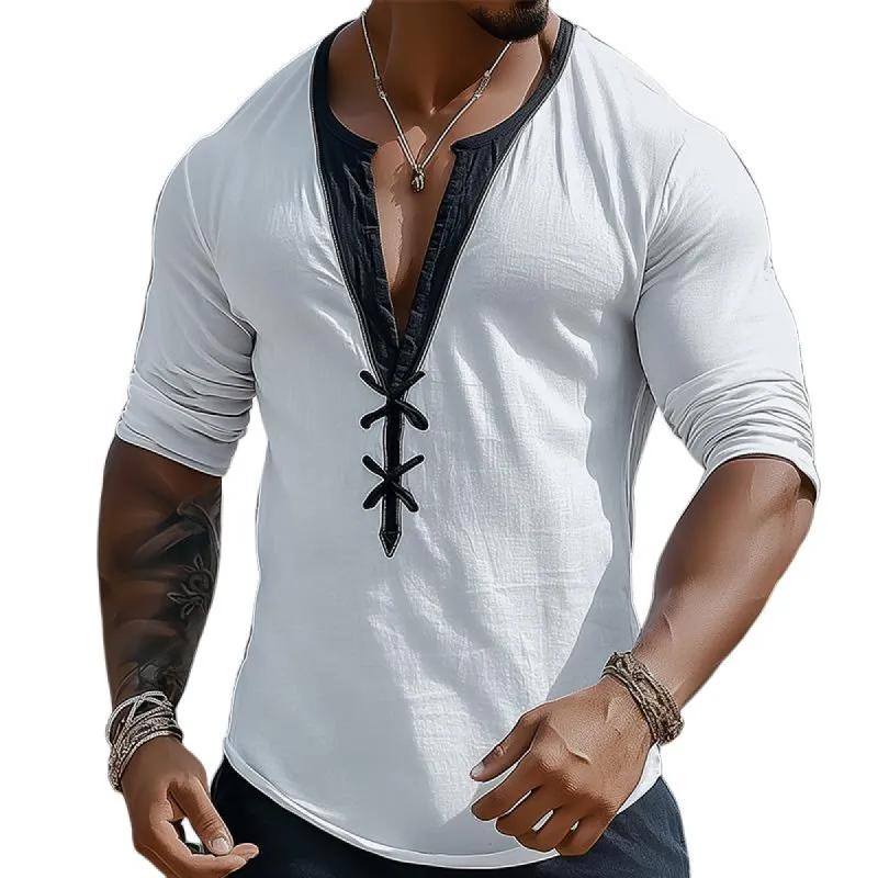Men's Casual Retro Colorblocked Tie Long Sleeve T-shirt 91000100TO sold by Manly