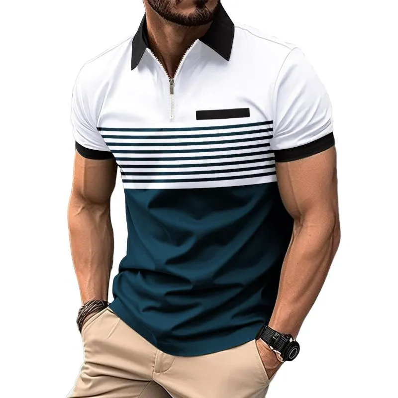 Men's Stripe Print Zipper Short Sleeve Polo Shirt 09586485Y sold by Manly