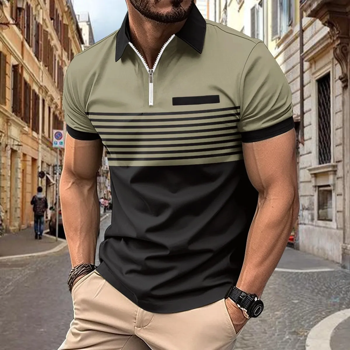 Men's Stripe Print Zipper Short Sleeve Polo Shirt 09586485Y sold by Manly product image thumbnail 4