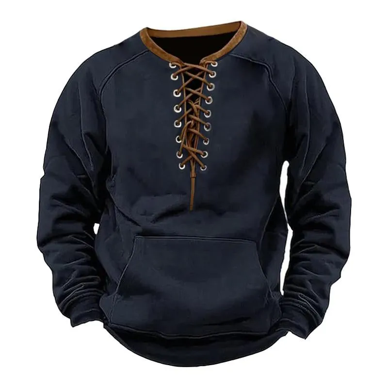 Men's Retro Casual Solid Color Drawstring Round Neck Pocket Sweatshirt 66658770TO sold by Manly