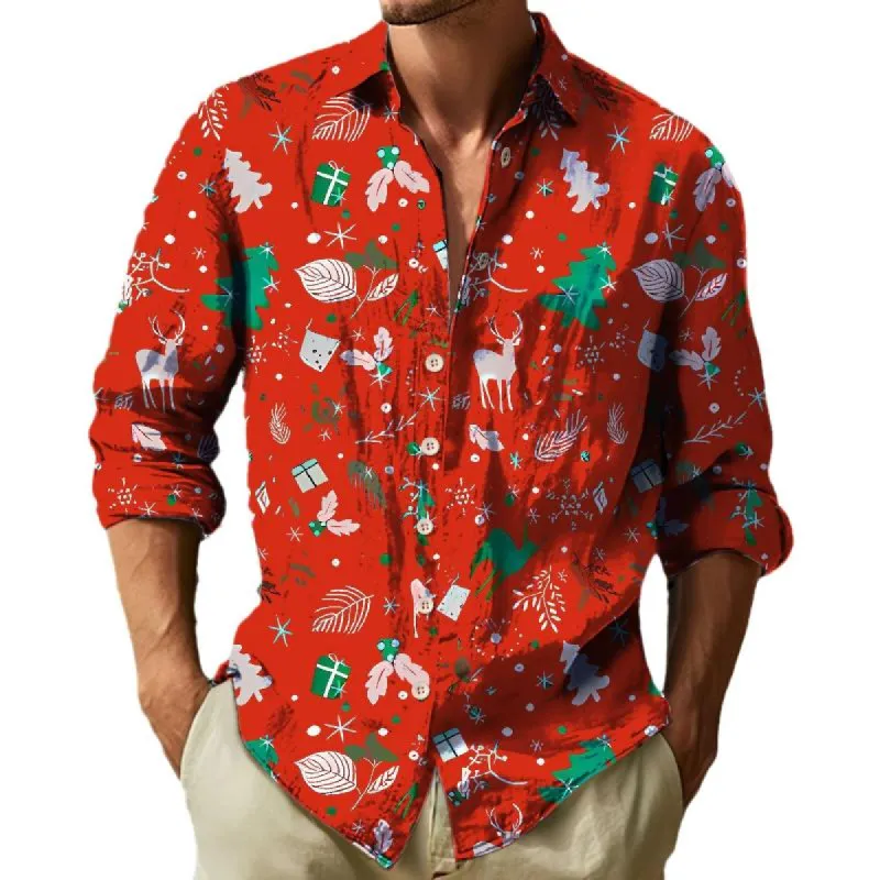Men's Retro Casual Christmas Print Lapel Long Sleeve Shirt 10665197TO sold by Manly