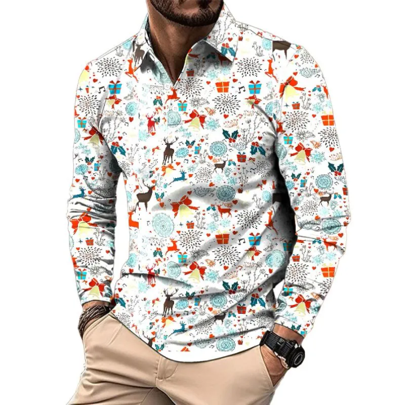 Men's Retro Casual Christmas Floral Print Long Sleeve Polo Shirt 35904676TO sold by Manly
