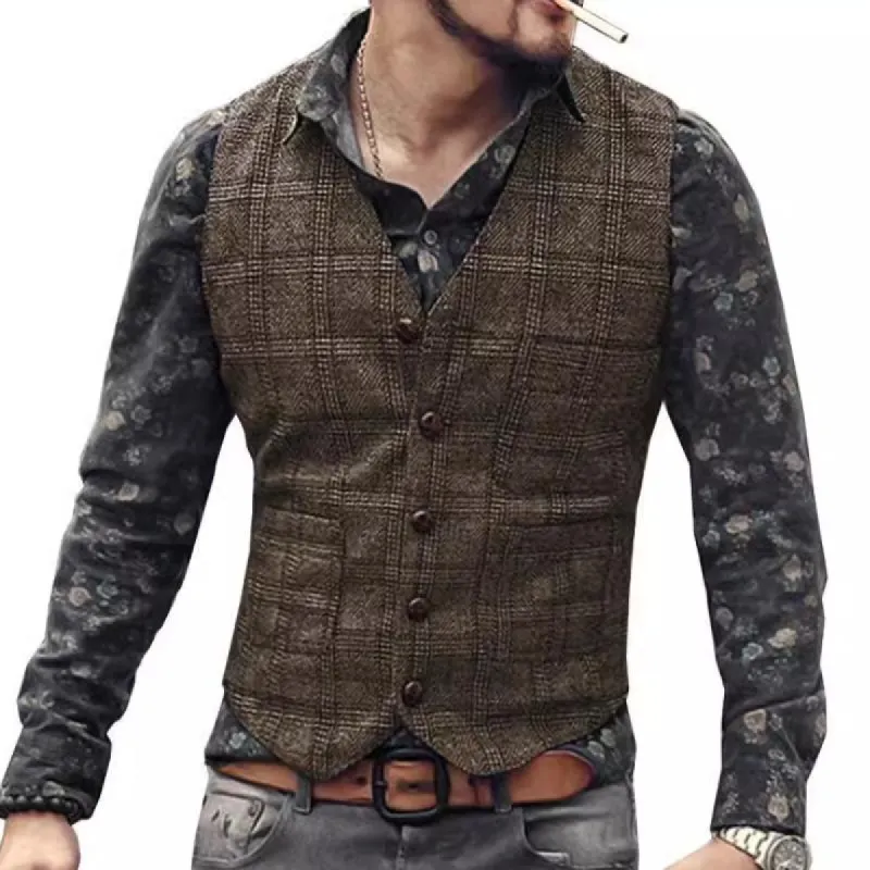 Men's Retro Casual Plaid Multi-Pocket Suit Vest 31395886TO sold by Manly