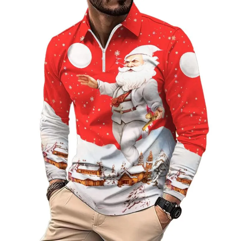 Men's Retro Casual Christmas Floral Print Long Sleeve Polo Shirt 58581024TO sold by Manly