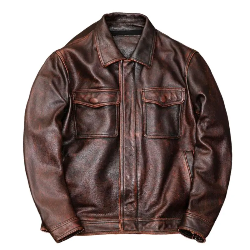 Men's Vintage Solid Color Lapel Short Leather Jacket 24606734X sold by Manly