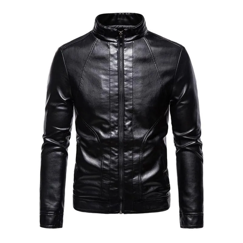 Men's Vintage Stand Collar Casual Motorcycle Leather Jacket 75420273X sold by Manly