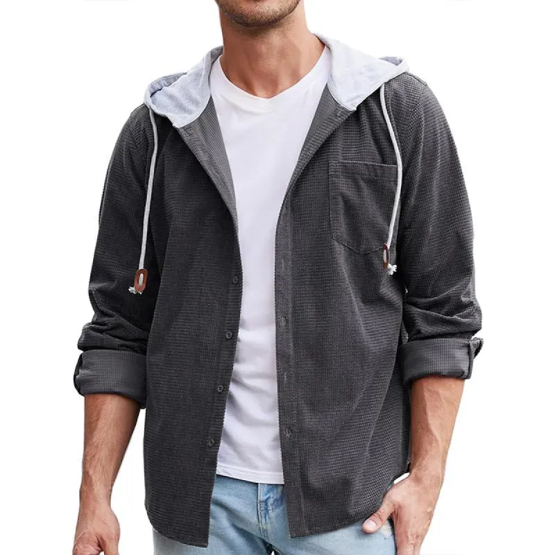 Men's Casual Solid Corduroy Pocket Hooded Shirt 56697277Y sold by Manly