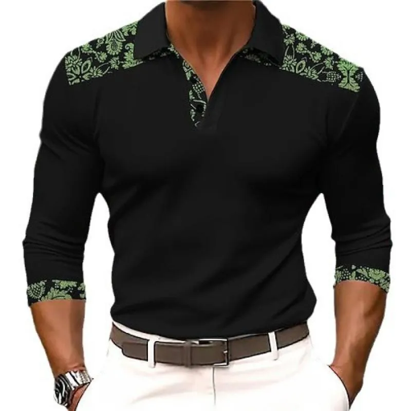 Men's Floral Print Stitching Lapel Long Sleeve Polo Shirt 62686826Z sold by Manly