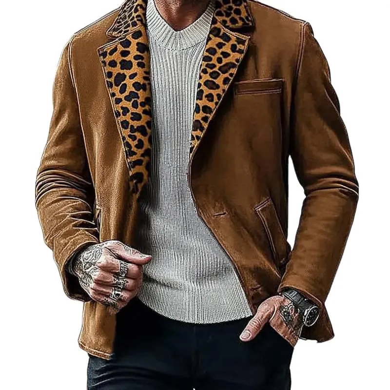 Men's Suede Leopard Print Collar Patchwork Jacket 36027615U sold by Manly