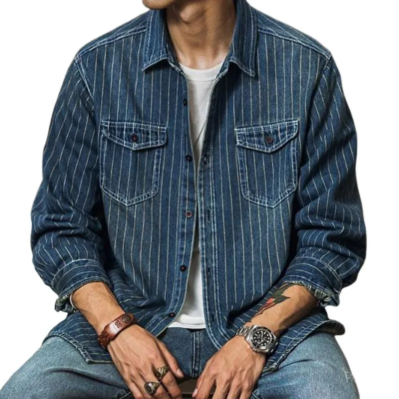 Men's Vintage Denim Long Sleeve Striped Shirt 09569443U sold by Manly