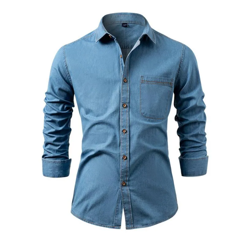 Men's Vintage Washed Lapel  Long sleeve Denim Shirt 00579128X sold by Manly