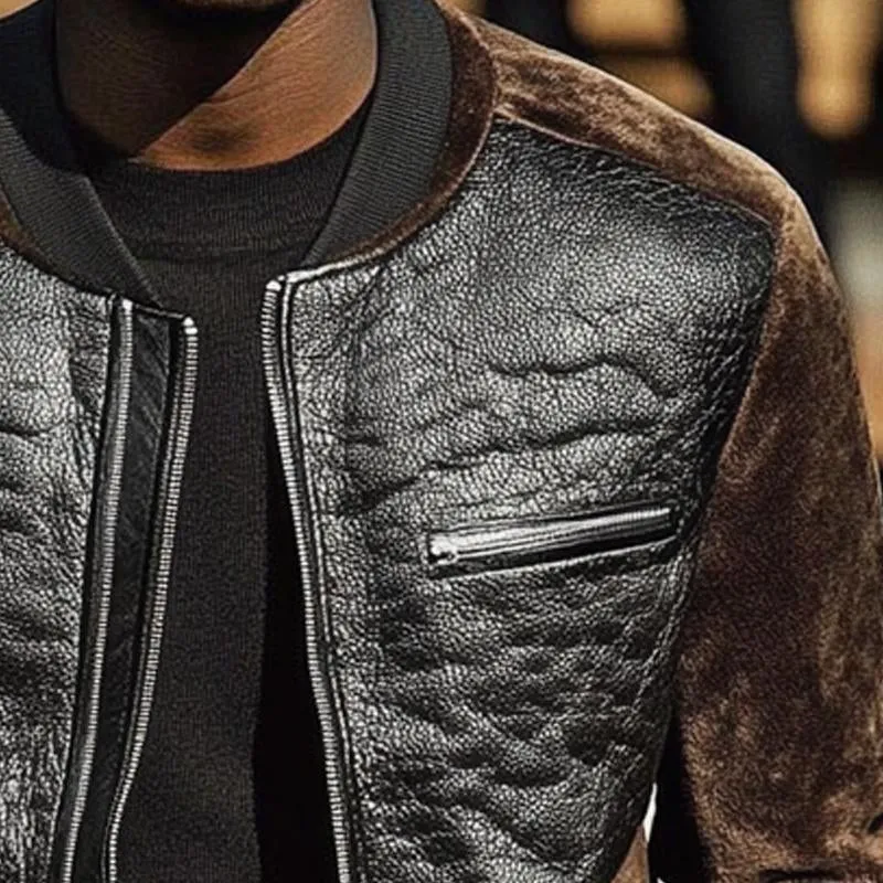 Men's Solid Leather Velvet Stand Collar Jacket 14265459X sold by Manly product image thumbnail 3