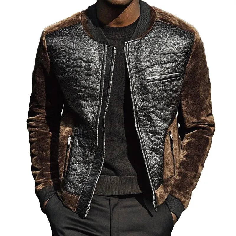 Men's Solid Leather Velvet Stand Collar Jacket 14265459X sold by Manly