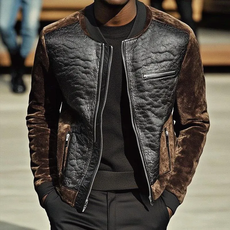 Men's Solid Leather Velvet Stand Collar Jacket 14265459X sold by Manly product image thumbnail 2