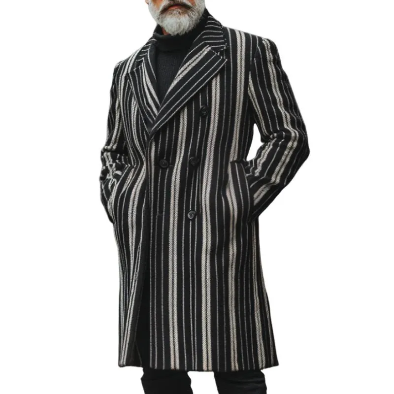 Men's Retro Casual Striped Print Mid-Length Lapel Coat 41282603TO sold by Manly