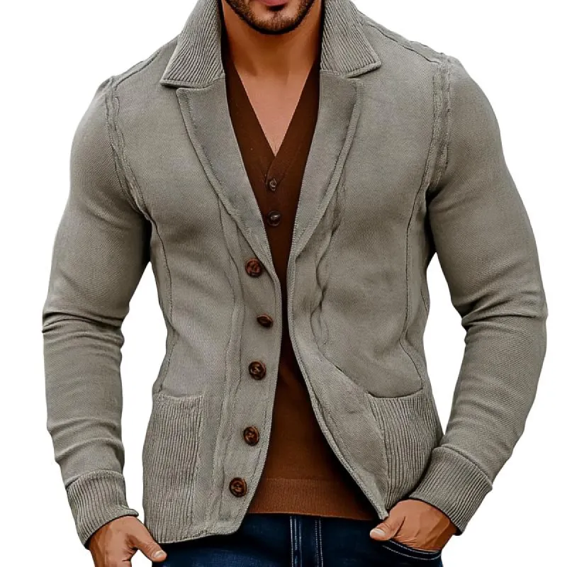 Men's Retro Casual Solid Color Pocket Lapel Knitted Cardigan 72027040TO sold by Manly
