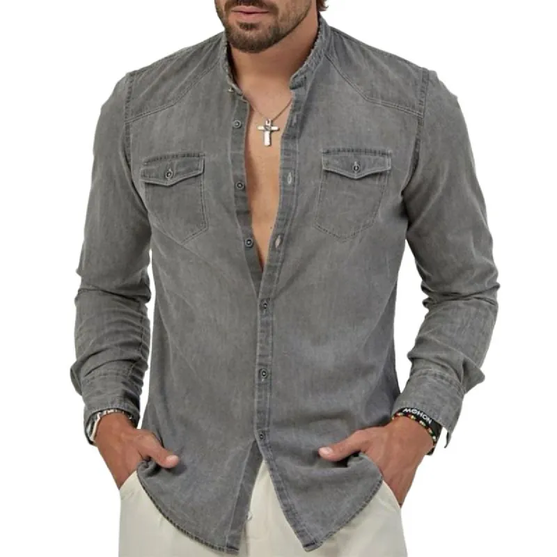 Men's Casual Retro Denim Patchwork Pocket Long Sleeve Shirt 21224251TO sold by Manly