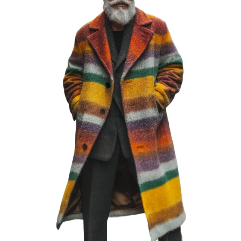 Men's Retro Casual Colorful Gradient Stripe Printed Mid-Length Lapel Coat 36908491TO sold by Manly