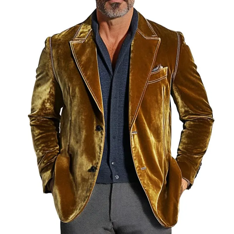 Men's Retro Casual Solid Color British Style Gold Velvet Blazer 11904773TO sold by Manly