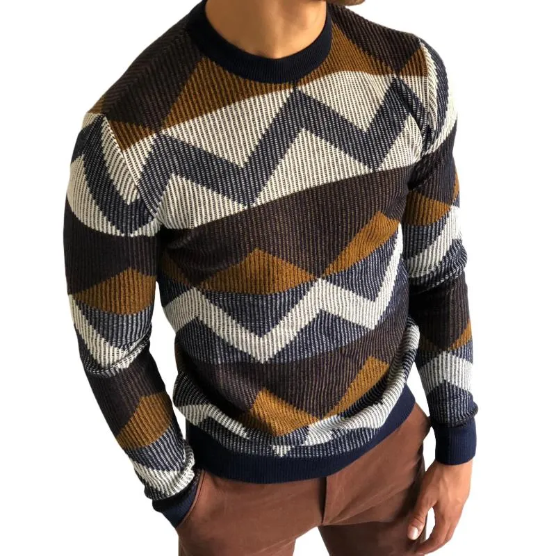 Men's Retro Casual Geometric Colorblock Crewneck Sweater 19204625TO sold by Manly