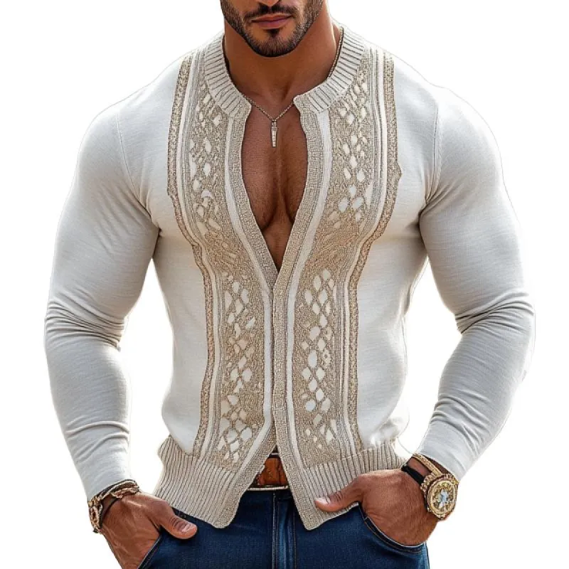 Men's Retro Casual Solid Color Printed Knit Cardigan 86287772TO sold by Manly