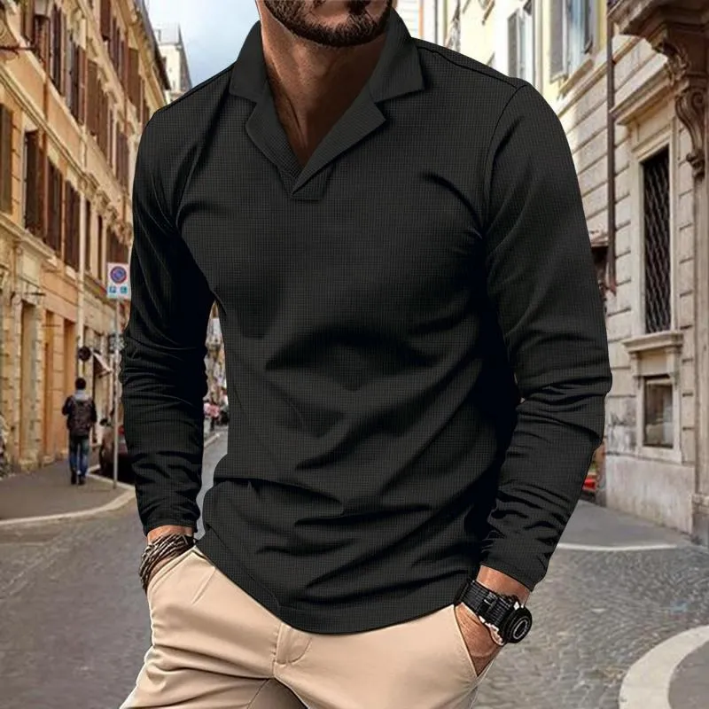 Men's Casual Solid Color Waffle Lapel Long Sleeve Polo Shirt 23092858M sold by Manly product image thumbnail 4