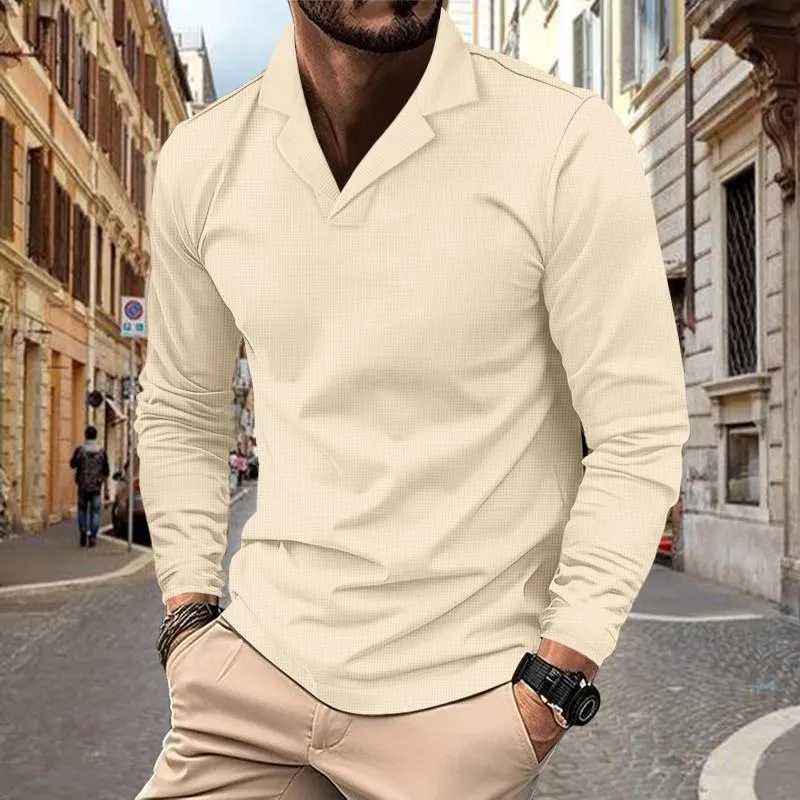 Men's Casual Solid Color Waffle Lapel Long Sleeve Polo Shirt 23092858M sold by Manly product image thumbnail 3