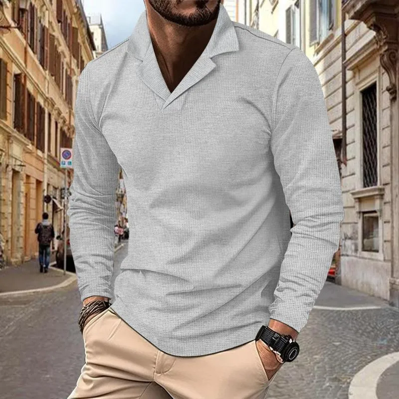Men's Casual Solid Color Waffle Lapel Long Sleeve Polo Shirt 23092858M sold by Manly product image thumbnail 5