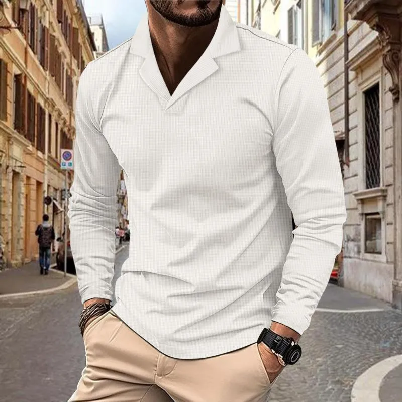 Men's Casual Solid Color Waffle Lapel Long Sleeve Polo Shirt 23092858M sold by Manly product image thumbnail 2