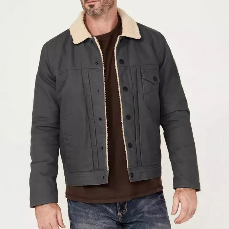 Men's Solid Fleece Lapel Single Breasted Multi-pocket Casual Jacket 28943323Z sold by Manly product image thumbnail 4