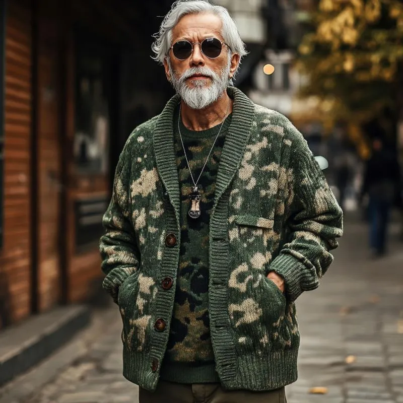 Men's Vintage Camouflage Jacquard Lapel Single Breasted Knit Cardigan 13594762Y sold by Manly product image thumbnail 3