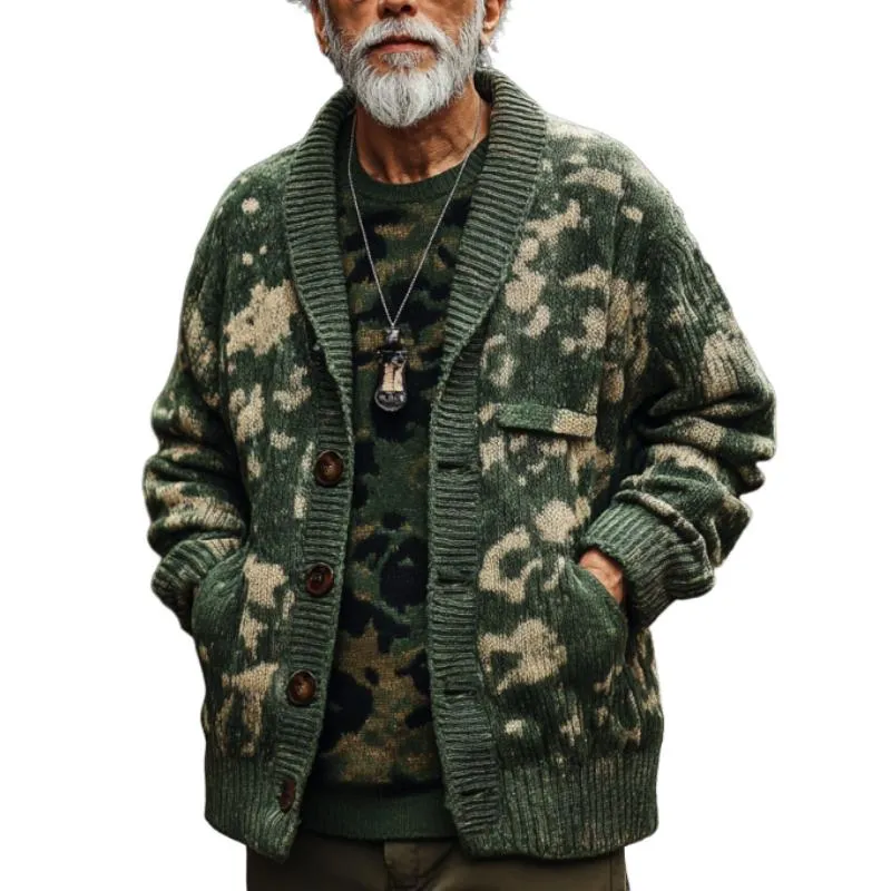 Men's Vintage Camouflage Jacquard Lapel Single Breasted Knit Cardigan 13594762Y sold by Manly